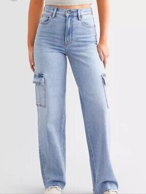 Hidden Los Angeles Wide Leg Cargo Jeans Size 28 High Rise Light Wash Frayed Hem